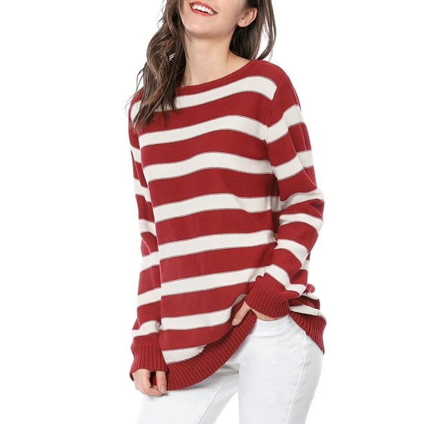 SUÉTER TUNIC DE RAYAS SUELTO DE MANGA LARGA Y CUELLO REDONDO PARA MUJERES CHIC INSPIRADORAS 2XL ROJO
