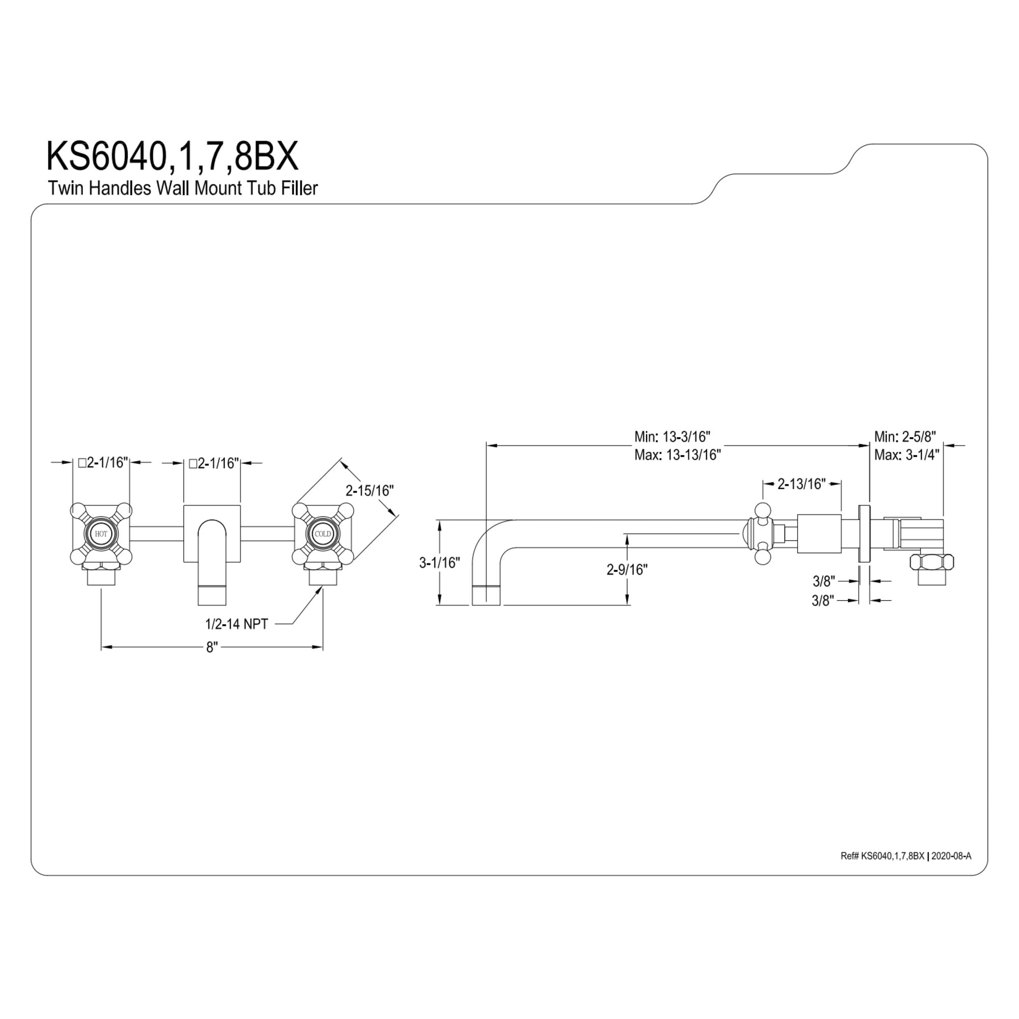 Kingston Brass KS6040BX Metropolitan Two-Handle 3-Hole Wall Mount Roman Tub Faucet in Matte Black