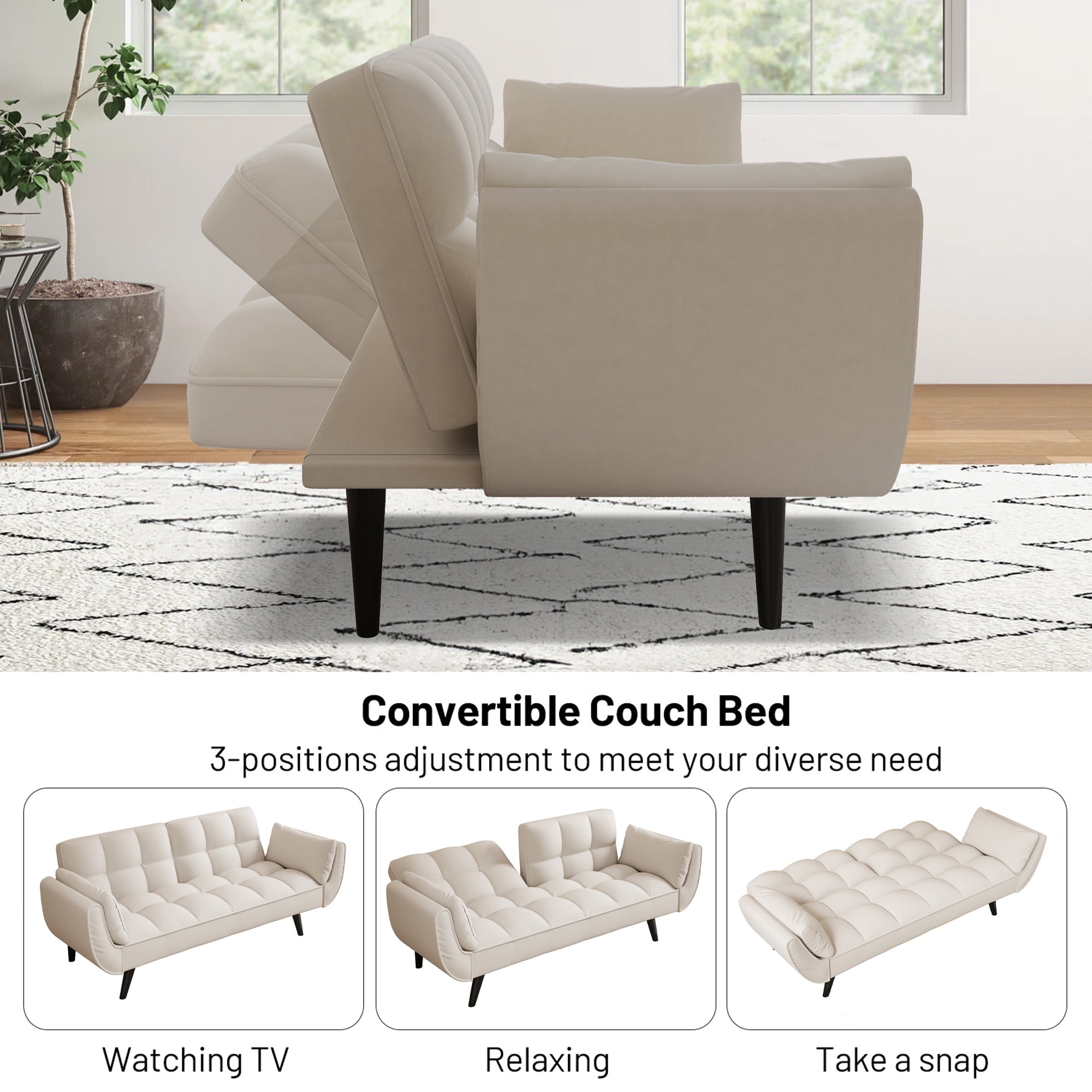 Aukfa 75" Flared Arm Futon Convertible Sofa Bed, Velvet Sleeper Couch for Home Office, Beige