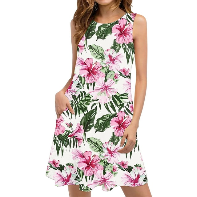 Staron Robes d'Été pour Femmes en Liquidation à Moins de 10 $ Robe d'Été Décontractée Sans Manches à Col Rond Ample avec Poches pour Fête, Plage, Fluide, Boho, Imprimé Floral
