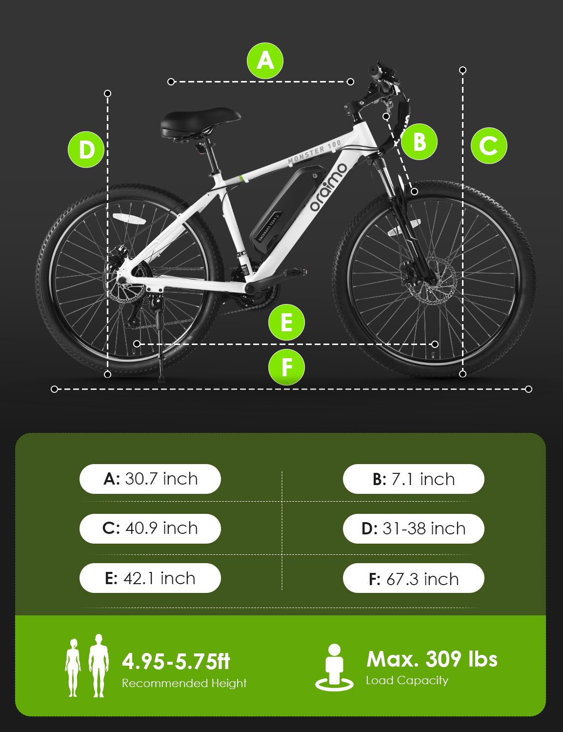 Oraimo Electric Bike For Adult 26" Electric Mountain Bicycles with 350W Bafang Motor, 3 Hours Fast Charge Ebike with 36V 13Ah Removable Battery, Shimano 21 Speed, Air Saddle White
