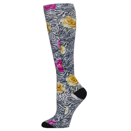 Celeste Stein Graduated Compression Knit Socks, Regular Calf, 8-15mmHg, Zebra Rose with Black Heel and Toe