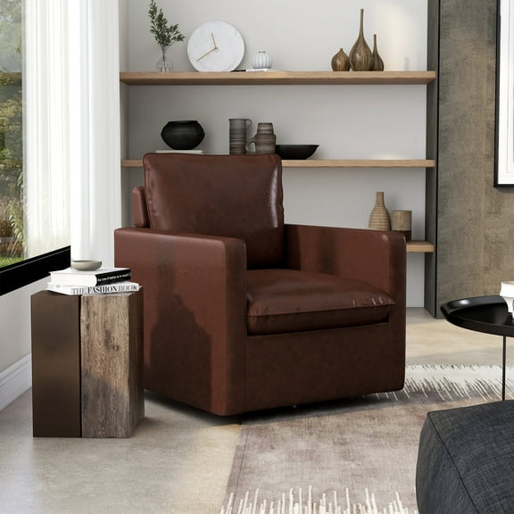 Mellory Upholstered Faux Leather Swivel Armchair, Dark Brown