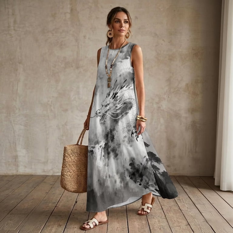 dragon print maxi dress Jiueut Watercolor Ink Dragon Print Women's Sleeveless Long Maxi Dress with  Pockets, Linen Look Casual Summer Dress Flowy Loose Fit Beach Vacation  Resort Wear Outfit, 3XL