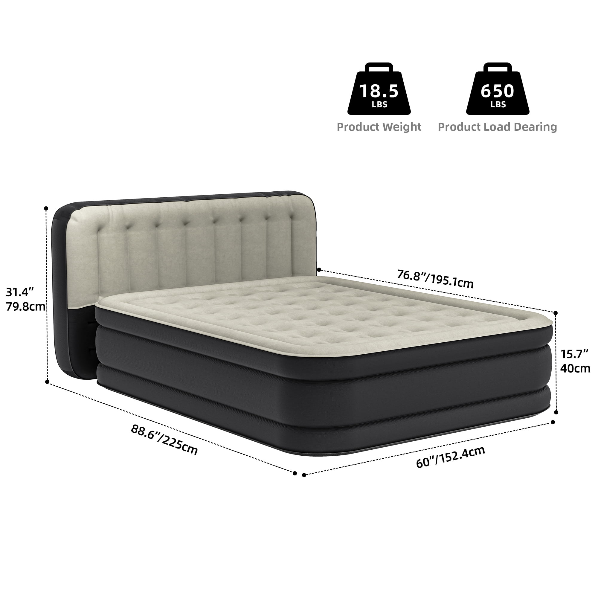 Uforic 18 Inch Queen Air Mattress with Built-in Pump, Flocked Top Inflatable Bed with Banded Headboard, Blow-Up Mattress for Home, Camping and Guests, Black