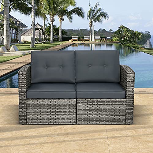 Green4ever Patio Loveseats 2 Piece Outdoor All Weather Sectional Sofa Rattan Wicker Corner Sofa