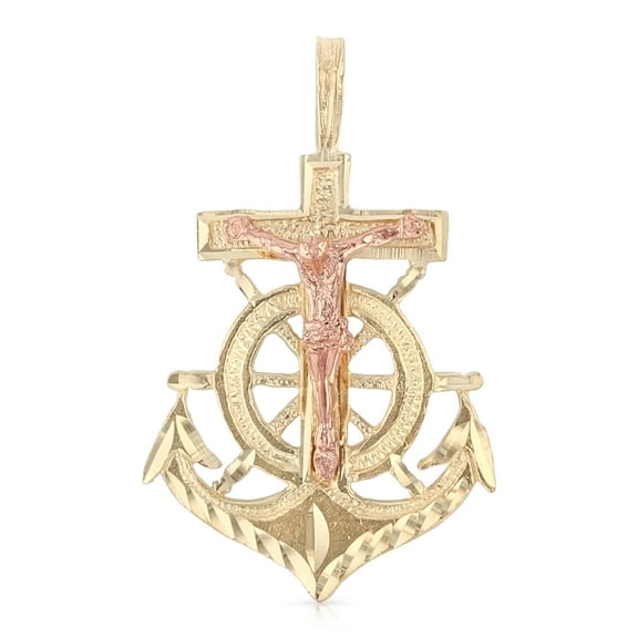 Ioka-14K Two Tone Gold Religious Crucifix Anchor Charm Pendant For Necklace or Chain