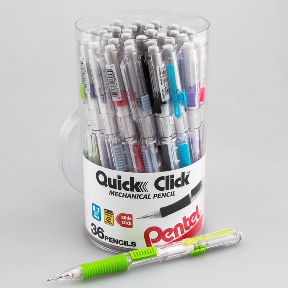 Pentel Quick Click Mechanical Pencil, (0.7mm) Med line, Canister, Assorted Colors 36-pk