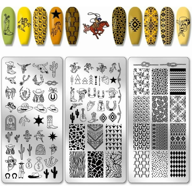 3 placas para estampar uñas del Lejano Oeste, 88 diseños, plantillas para uñas con temática del oeste, plantillas para uñas con sombreros y botas, placas de acero inoxidable con imágenes para uñas.