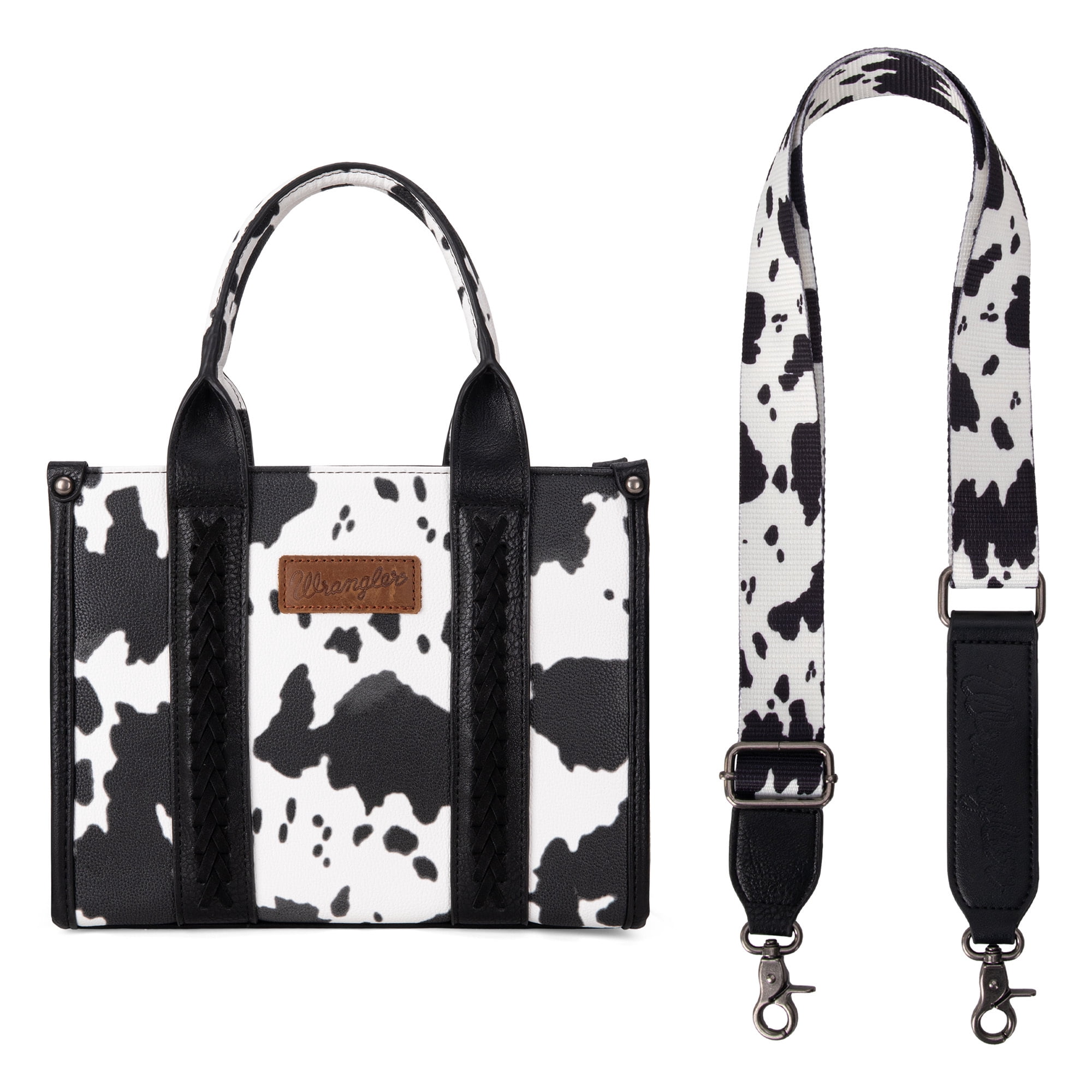 Wrangler Cow Print Tote Bag for Women Western Purse Boho Top Handle Satchel Handbag with Signature Strap, Cow-Black