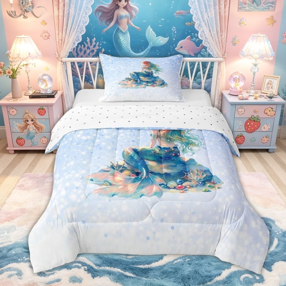 Feelyou Dreamy Fairy Mermaid Princess Twin Comforter Sets for Kids Boys Girls, Glitter Starry Sky Stars Bedding Set, Blue, Reversible, 2 Pieces