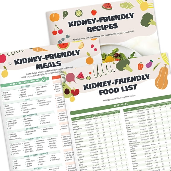 Set of 3 Kidney Friendly Food Charts – Kidney Health Renal Diet Meal Plan, Foods to Avoid and Eat for Kidney Disease, Low Sodium Potassium Phosphorus List, CKD Recipes Guide, Oxalate Level Reference