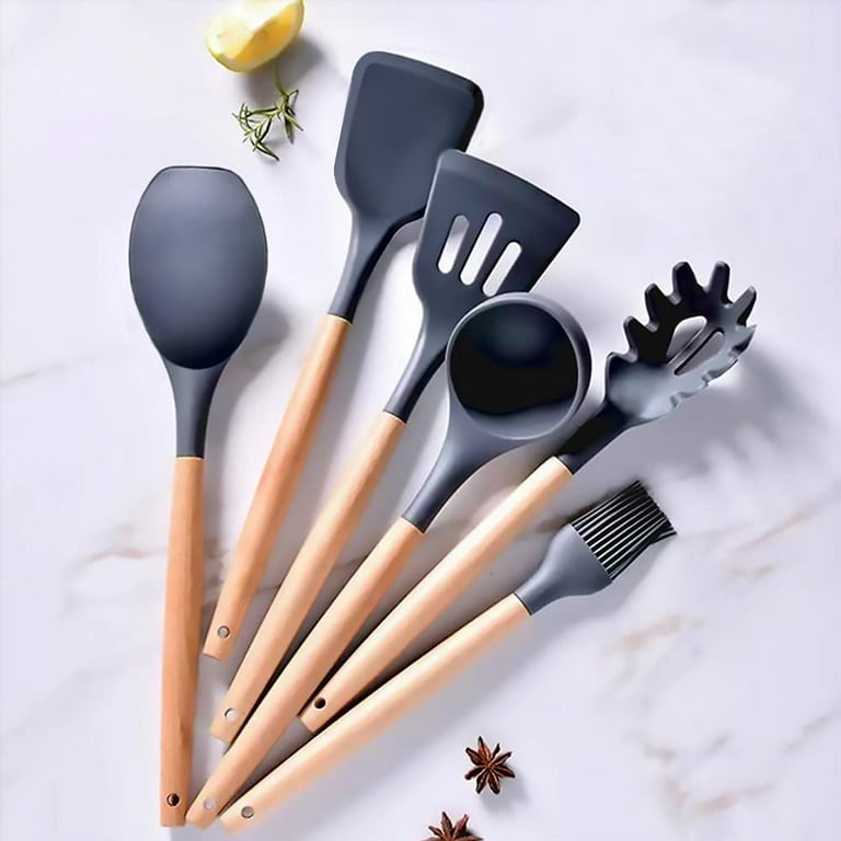 9/10/13Pcs Silicone Cooking Tools Set, Kitchen Utensils with Wooden Handle  - Turner Soup Spoon Spatula Pasta Server Tongs Whisk