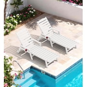 KINGYES Outdoor Chaise Lounge Chair, HDPE Patio Lounge Chair with Wheels & Cup Holder, 5-Position Adjustable Backrest, All-Weather Pool Lounger, White
