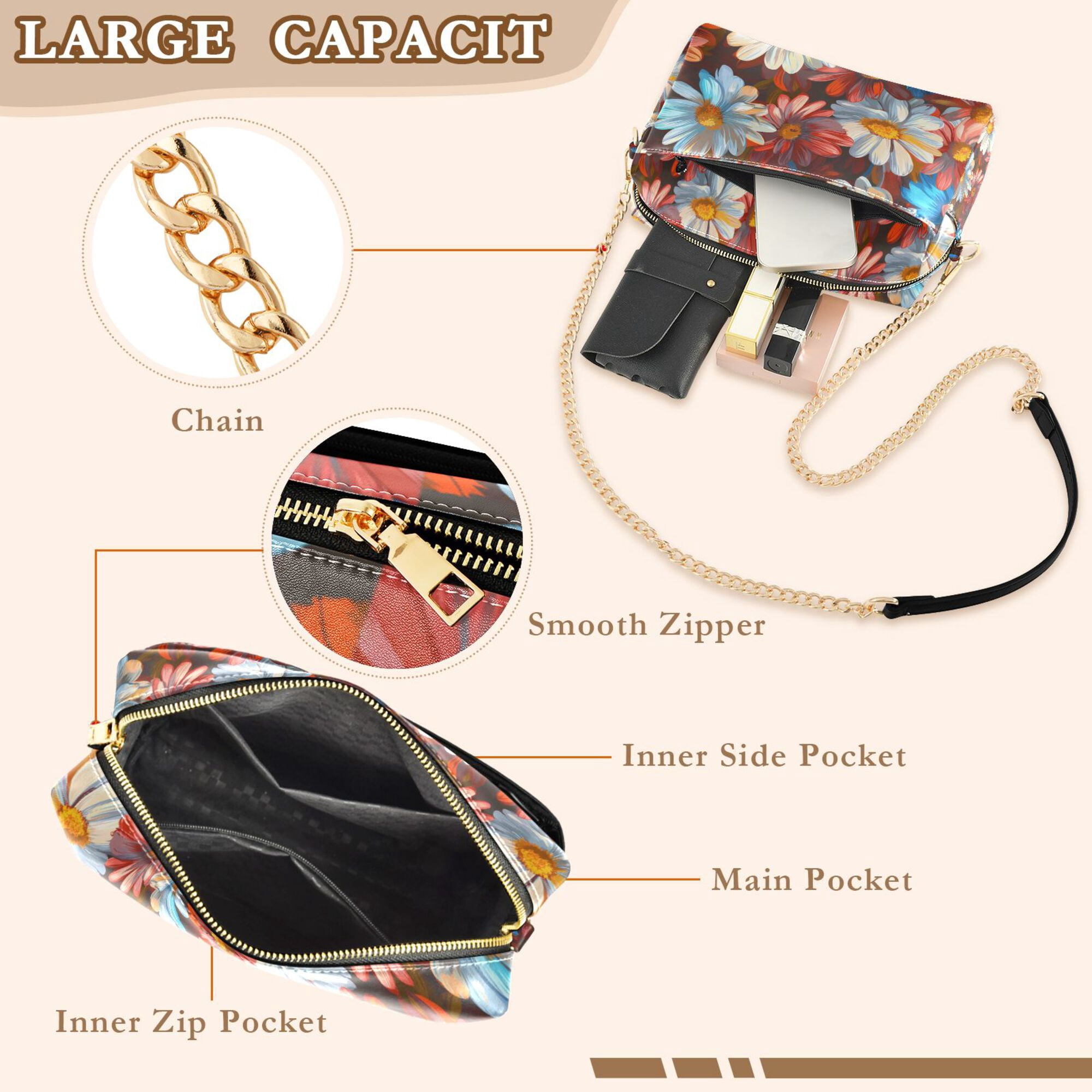 FORMRS Women Crossbody Purse with Chain Strap Vegan Leather Shoulder Handbag, Vibrant Floral