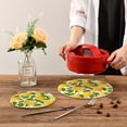 thumbnail image 3 of GZHJMY 2 Pack Chic Fresh Lemon Leaves Pattern Round Cotton Woven Pot Holders Trivets Set, Heat Resistant Pad Mat for Kitchen Decor Cooking Supplies, 3 of 5