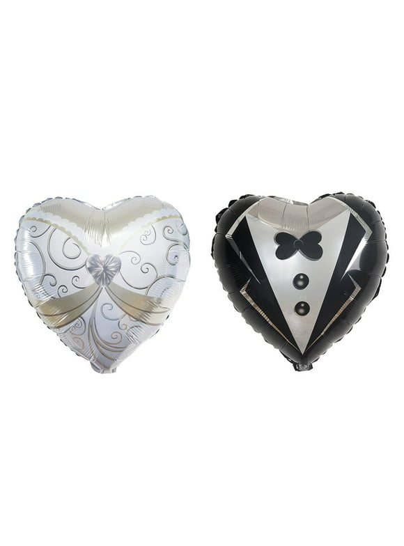 BalsaCircle 2 Black White Heart Shaped 14" Wedding Groom Tuxedo Bride Dress Foil Plain Balloons Set