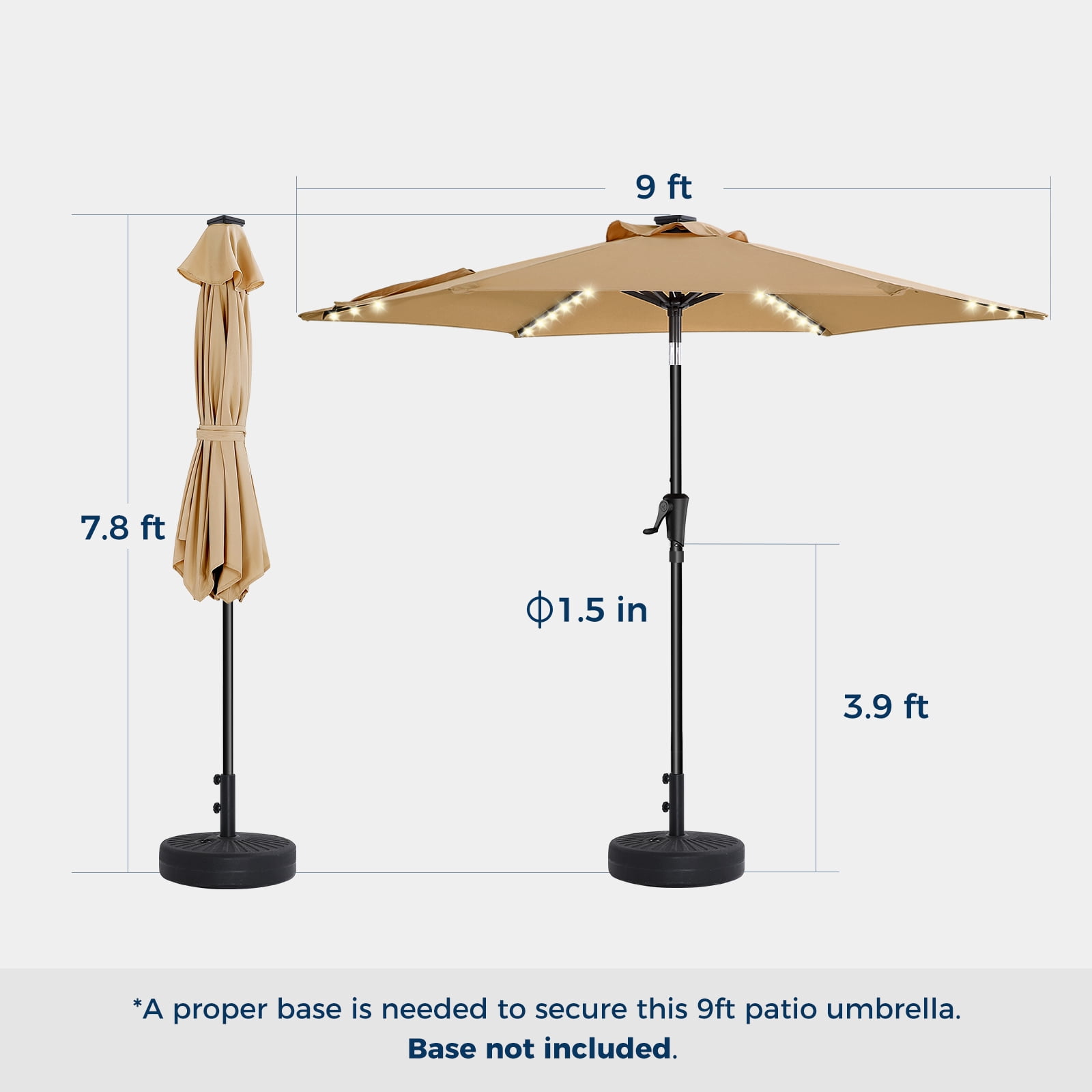TASKBAY 9ft Solar Patio Umbrella with Colorful LED Lights, 45° Tilt Adjustment Outdoor Umbrella for Garden, Backyard, Pool, Beige (Base not included)