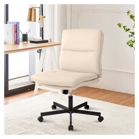 Armless Office Desk Chair with Wheels, -Back Criss Cross Swivel Task Chair, Height Adjustable Cushioned Vanity Chair, Double Padded PU Leather Chair for Home, Office & Bedroom, Beige White