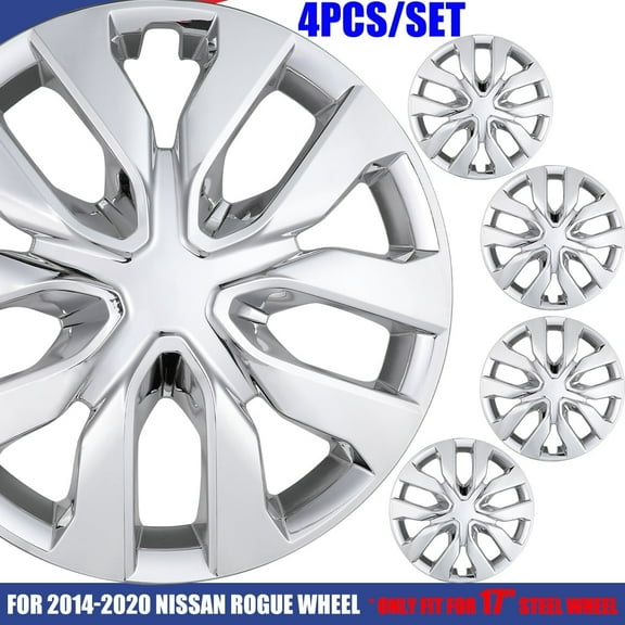 4Pcs/Set 17" Hubcaps Wheel Rims Cover Fit for 2014-2020 Nissan Rogue Compatible with Steel Wheels Snap on Installation ABS PC Material(17-inch,Chrome)