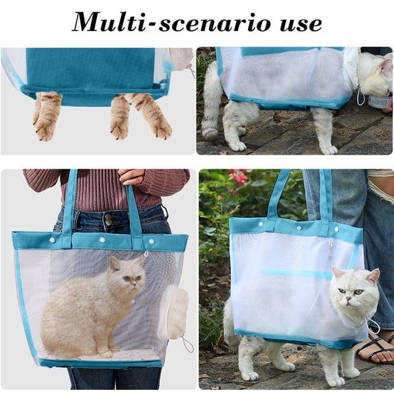 Mesh Cat Carrier Portable Pet Bag, Transparent Nylon Foldable Handheld Travel Carrier with Breathable Ventilation and Internal Safety Tether for Small Animals, Topliu