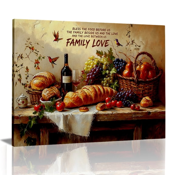Rovven Rustic Country Still Life Bread Wine Fruit Canvas Wall Art for Kitchen Wall Decor Framed Ready to Hang 12x8 inch