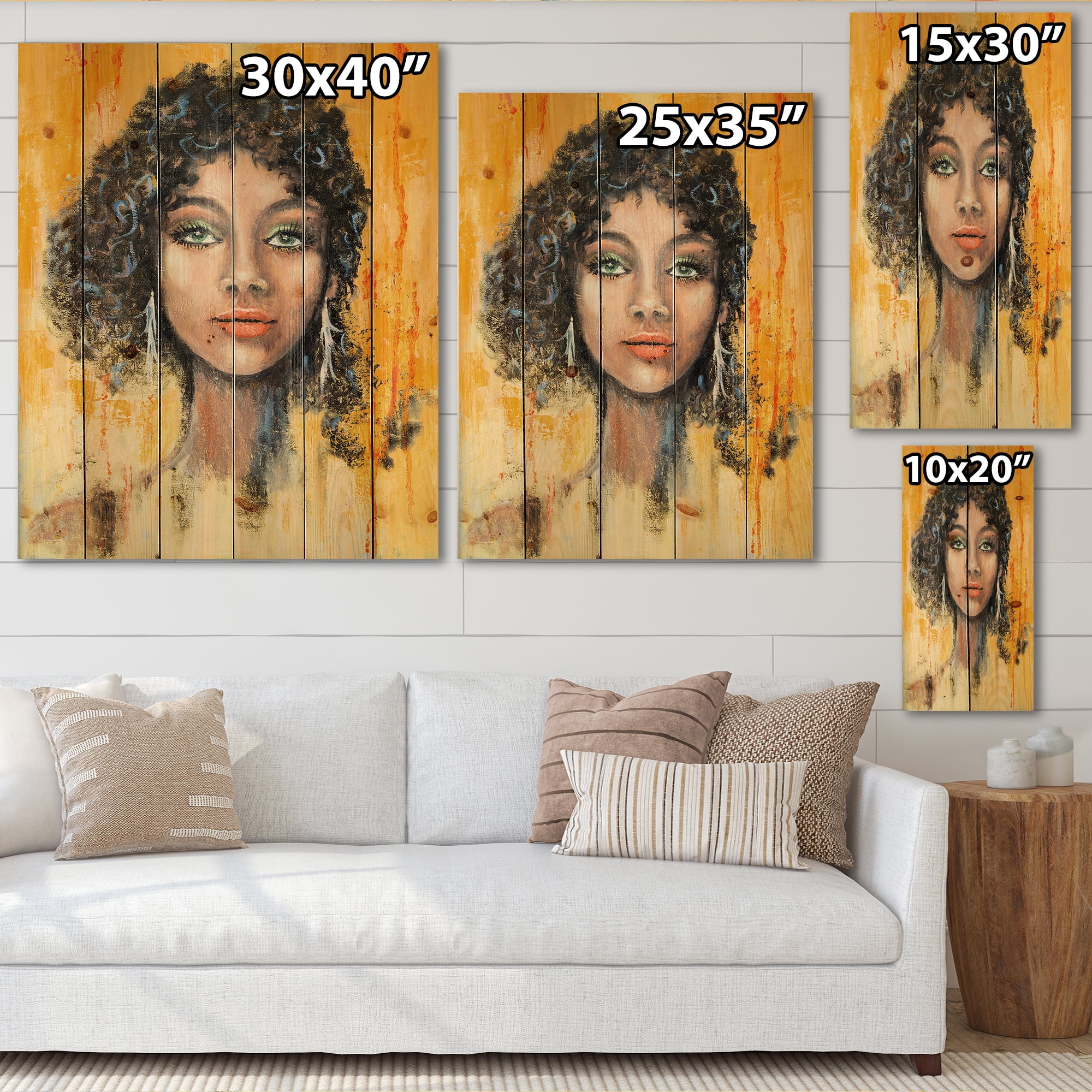 Designart 'Girl Face With Green Eyes & Black Hair Impression' Modern Print on Natural Pine Wood