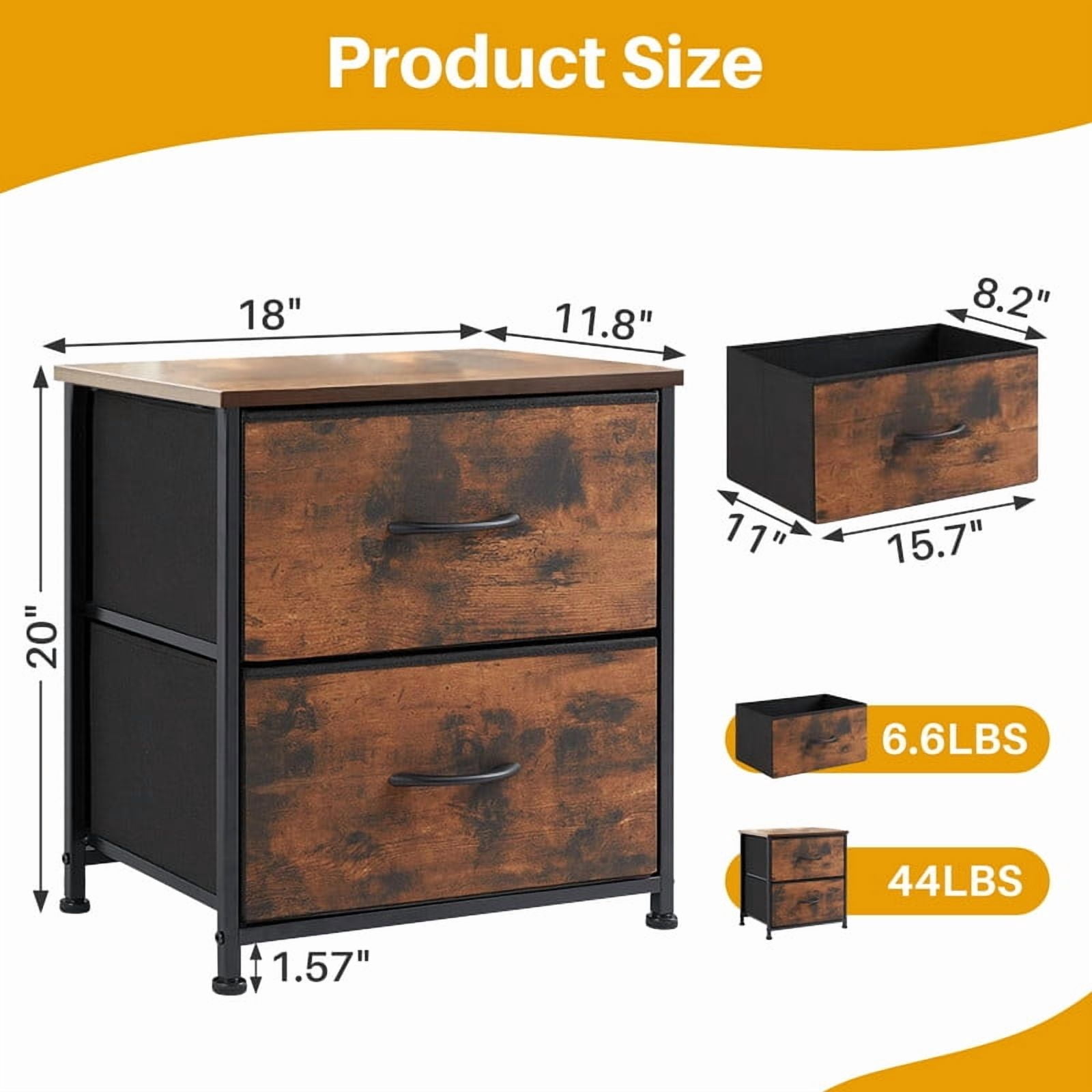 TINKLE WELL Nightstand Set of 2 with 2 Fabric Drawers, End Table 20 inch Tall Side Table for Bedroom, Closet, or Dorm Storage, Brown
