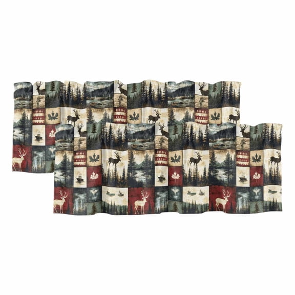 Vintage Forest Window Valance, Deer Maple Leaf Lake Distressed Patchwork 2 Pack Decorative Curtain for Small Windows, Light Filtering Valance with 3” Rod Pocket, 60"W x 18"L