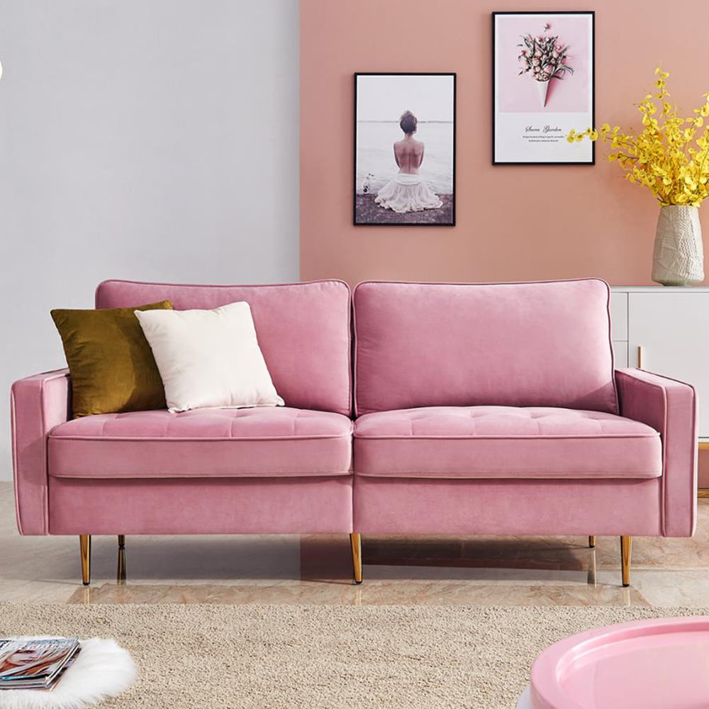 Pink Fabric Sofa, Mid Century Modern Loveseat Sofa for Small Spaces
