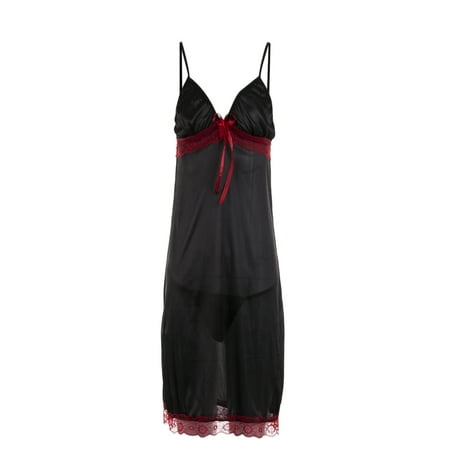

Women’s Sexy Lingerie Set Soft Patchwork Lace Chest Bow Deep V Neck Pajama Dress with Cozy Thong 2PCS Set Sleepwear