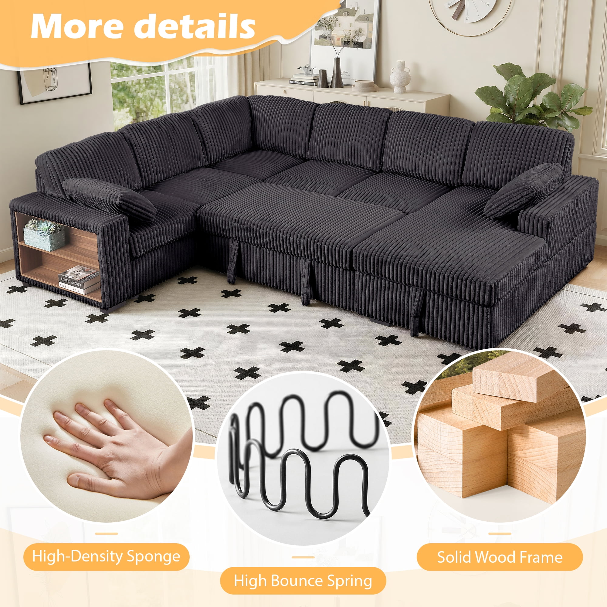 Gewnee 117 inch Sectional Sofa with Pull Out Bed,U-Shaped Modular Sectional with Storage,Cloud Couch for Living Room,Family Room & Apartment,Dark Grey