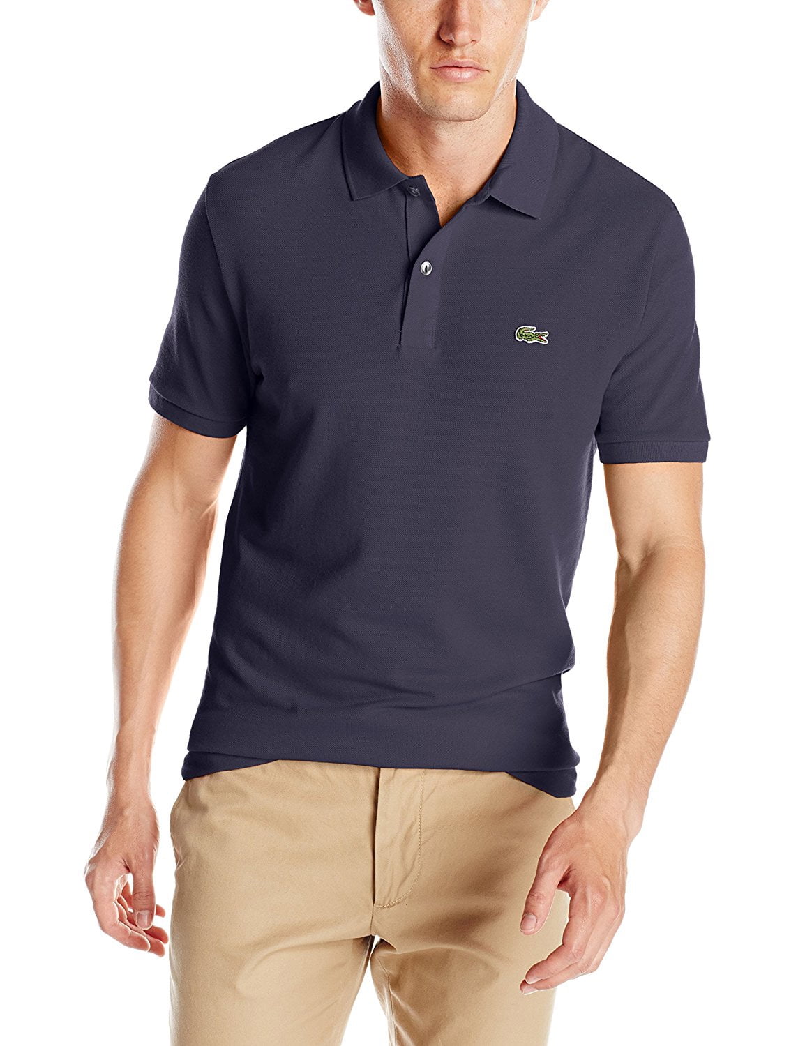 navy blue polo shirt and khaki pants
