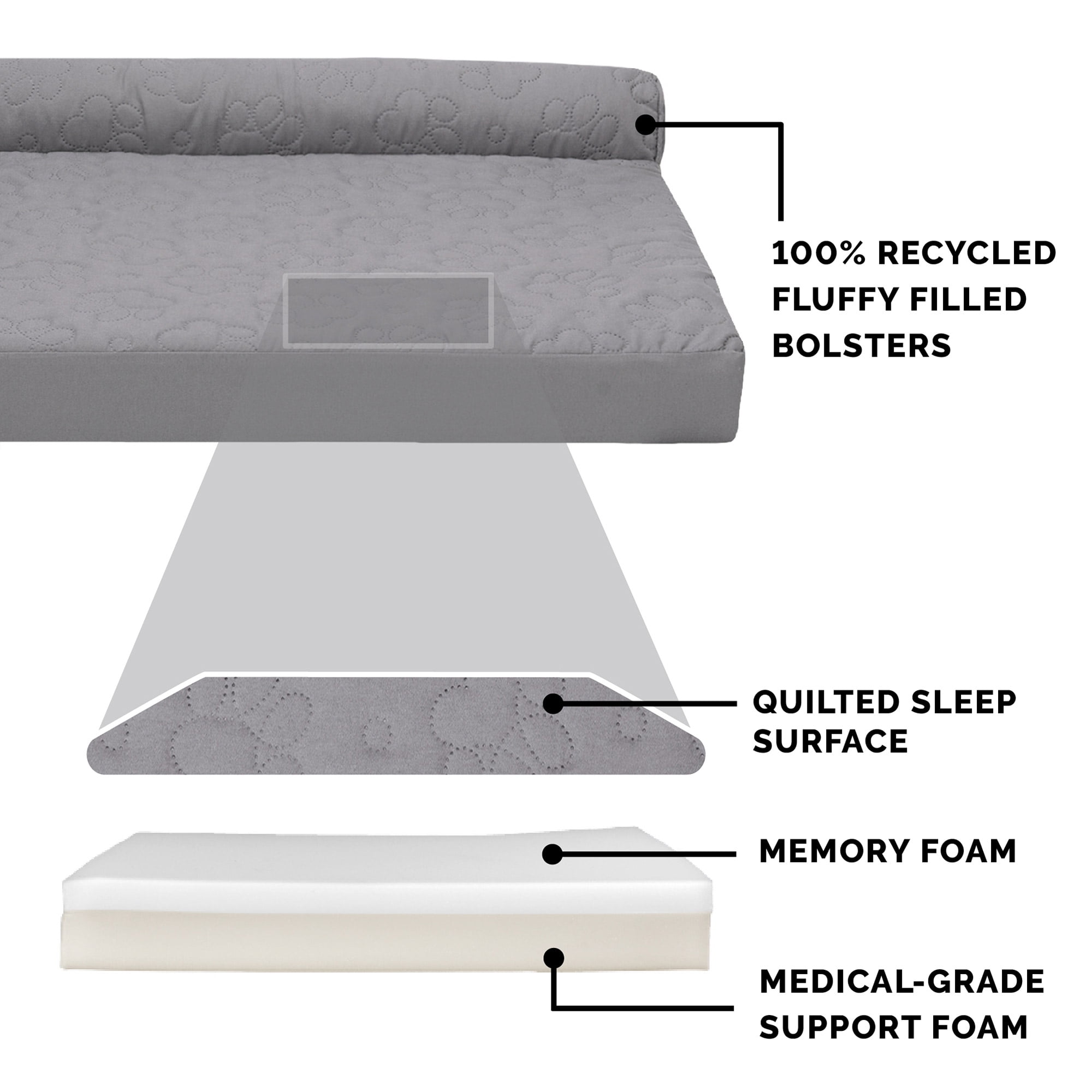 FurHaven Pet Products Paw-Quilted Memory Top Deluxe L-Chaise Pet Bed for Dogs & Cats - Medium, Titanium