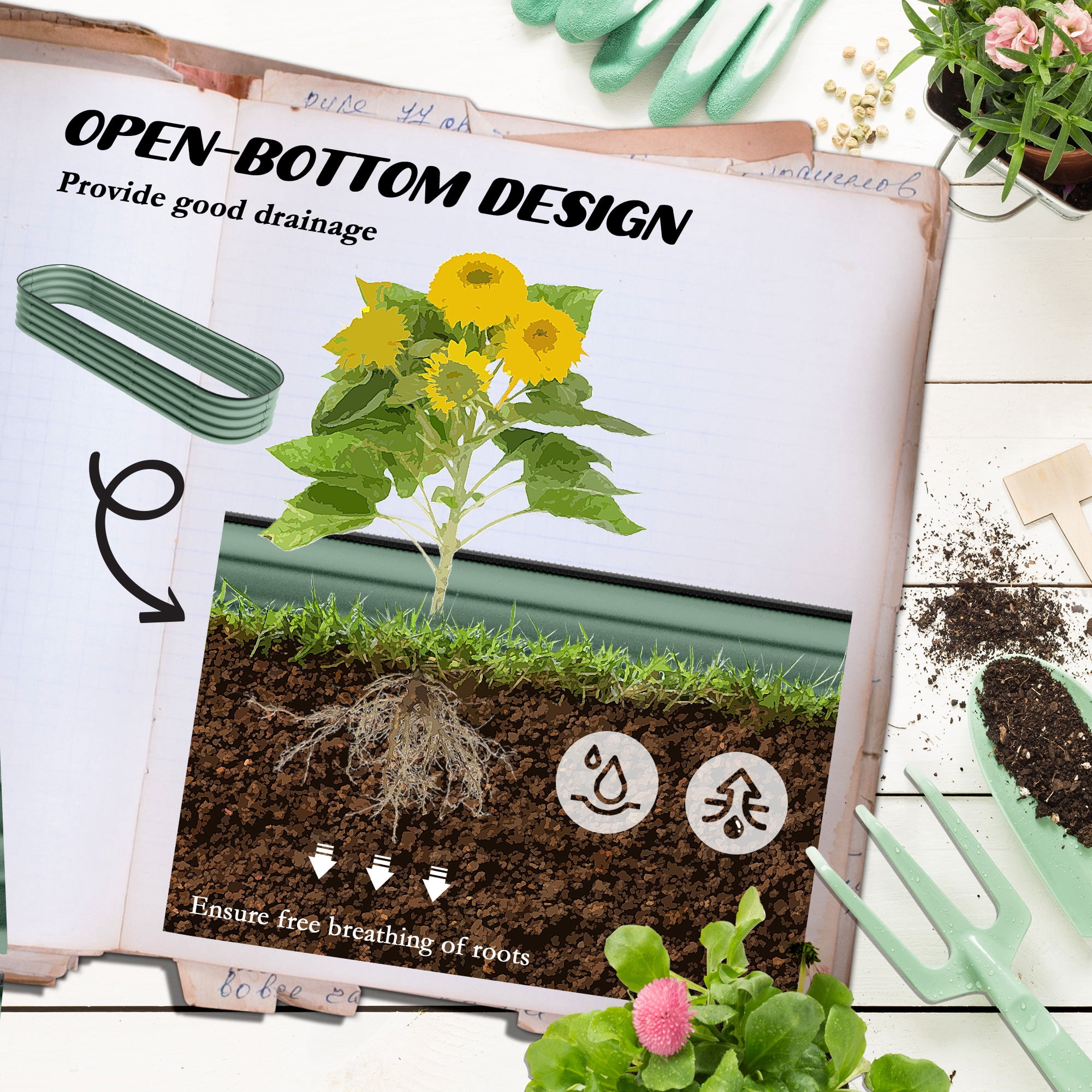 Outsunny Galvanized Raised Garden Bed Kit, Metal Planter Box with Safety Edging, 76.75" x 24.5" x 11.75", Green