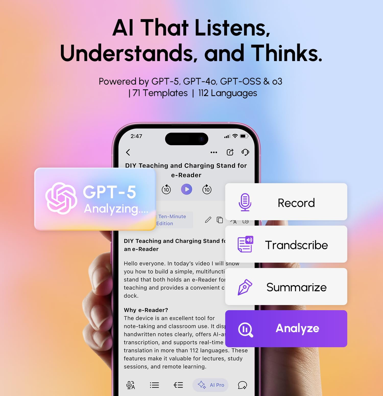 AI Voice Recorder & Transcriber with GPT-5 Analysis – 30-Hour Recording, 112-Language Speech-to-Text & Auto Summary for Meetings, Lectures & Interviews,Grey