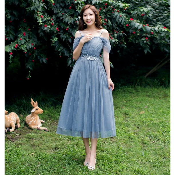 Vestido de dama de honor para mujer, longitud media, hermanas, hombros adelgazantes, Hada, elegante, vestido de noche, actuación de presentadora