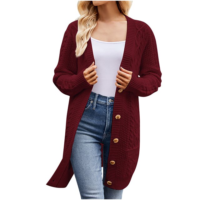 Yuyuzo Womens Long Cardigans Chunky Cable Knit Sweaters Button down Open Front Outerwear with Pockets