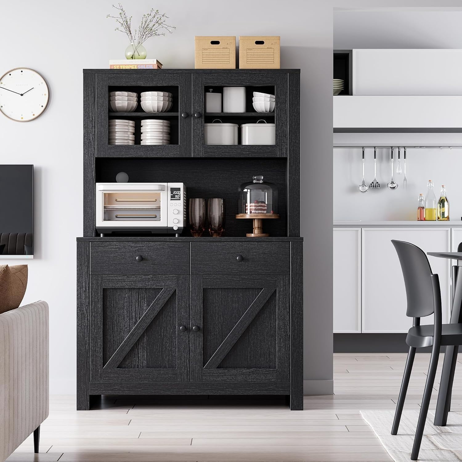 Kitchen Pantry Cabinet with Microwave Stand, Freestanding Hutch Cabinet with Buffet Cupboard, Tall Kitchen Cabinets with Adjustable Shelves for Dining Room, Black