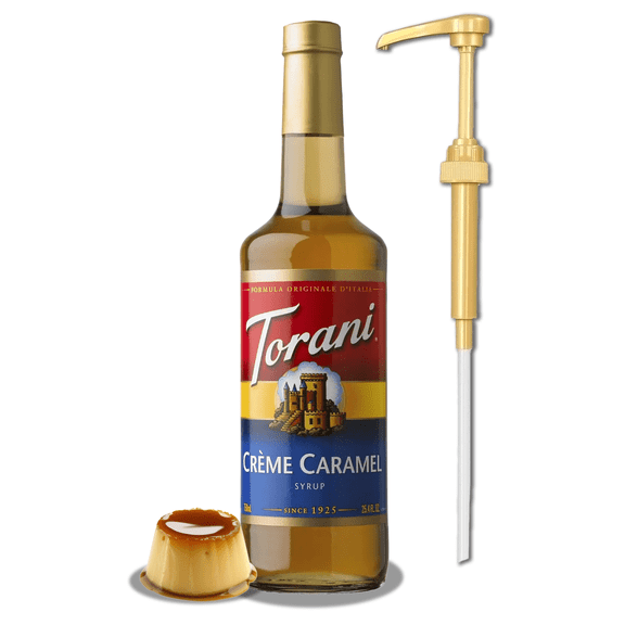 Torani Crème Caramel Syrup, 750mL (25.4 fl oz) Bottle Gold Pump