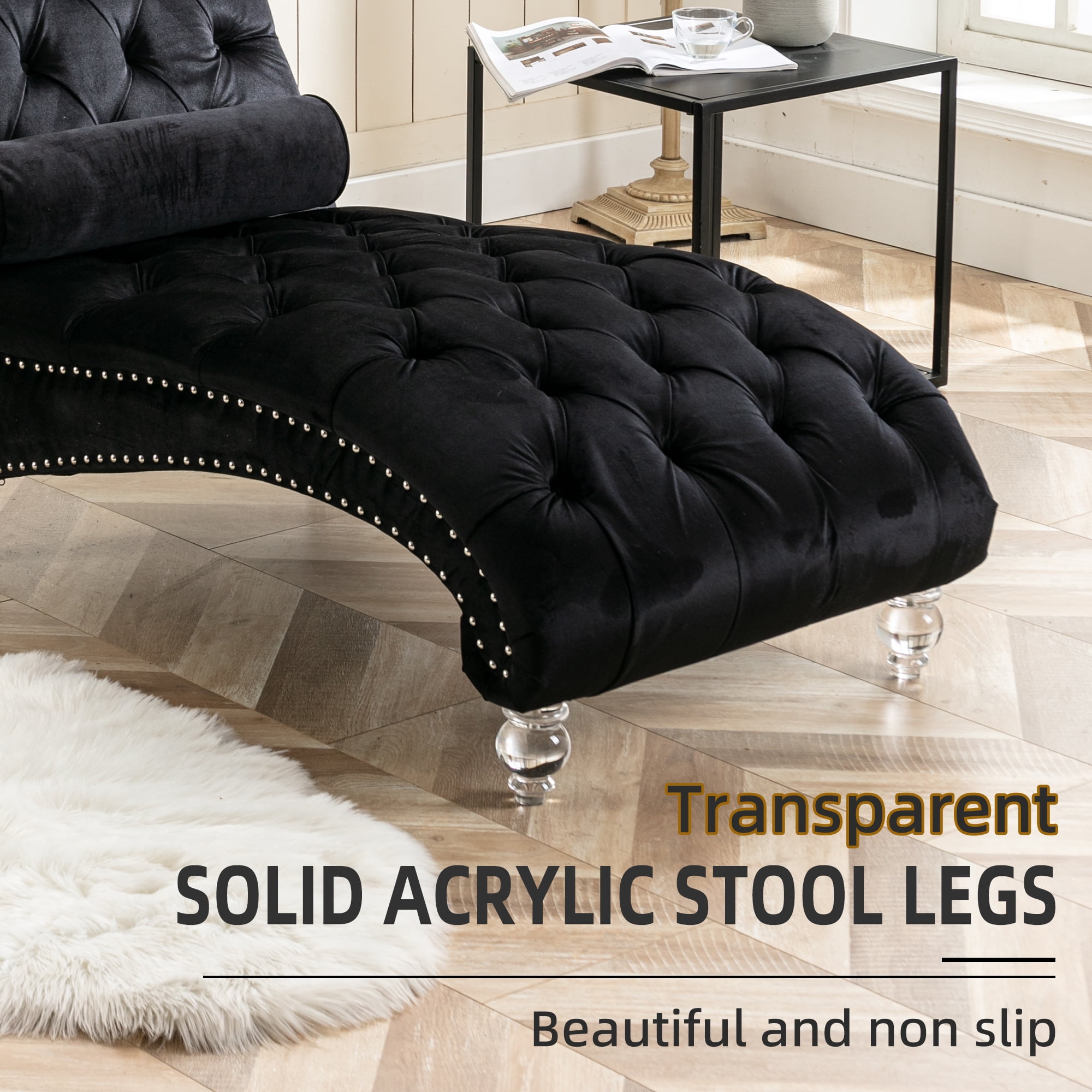 MOONMISS Velvet Chaise Lounge Chair Button Tufted Upholstered with Pillow Indoor