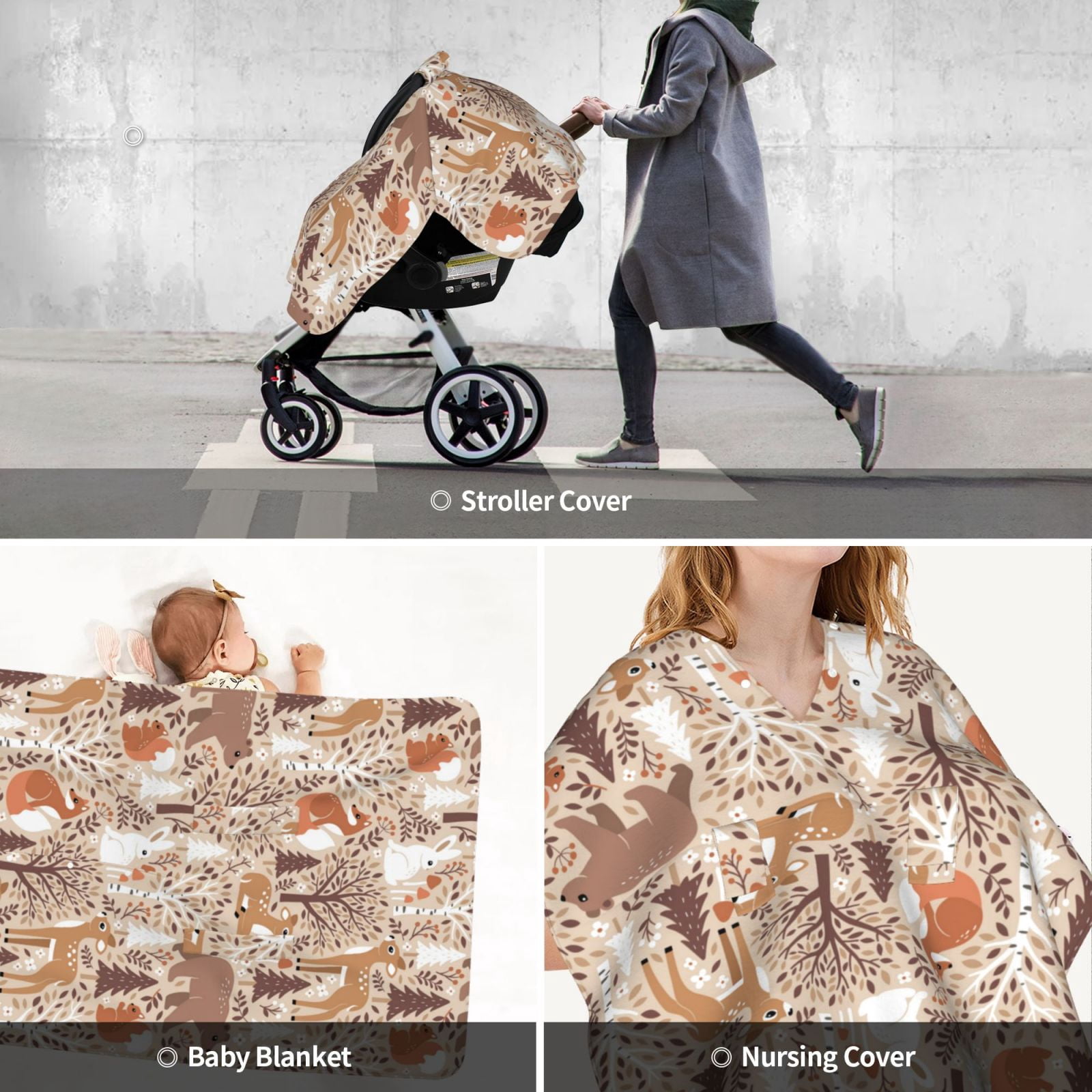 Car Seat Cover Baby - Woodland Animals in Neutral Tones Breathable Infant Car Seat Cover for Baby Carseat, Lightweight Comfort Baby Essentials Must Haves Newborn Stuff for Girl Boy