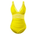thumbnail image 4 of Women One Piece Swimsuit Slimming Mesh Cut out V Neck Bathing Suit Solid Color Ruched Summer Beach Swimwear (XL, Yellow), 4 of 4