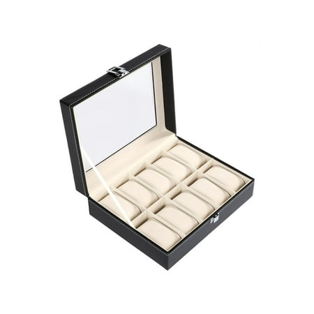 Mens Leather Valet Box Glass Top 10 Watch Black Leather Box Case Display Organizer Storage Tray for Men & Women ()