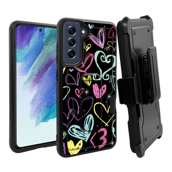 ANJ+ Rugged Dual Layer Hybrid Holster Kickstand Case w/ Card Slot + Tempered Glass Cover for Samsung Galaxy S21 FE 5G - Sketched Hearts