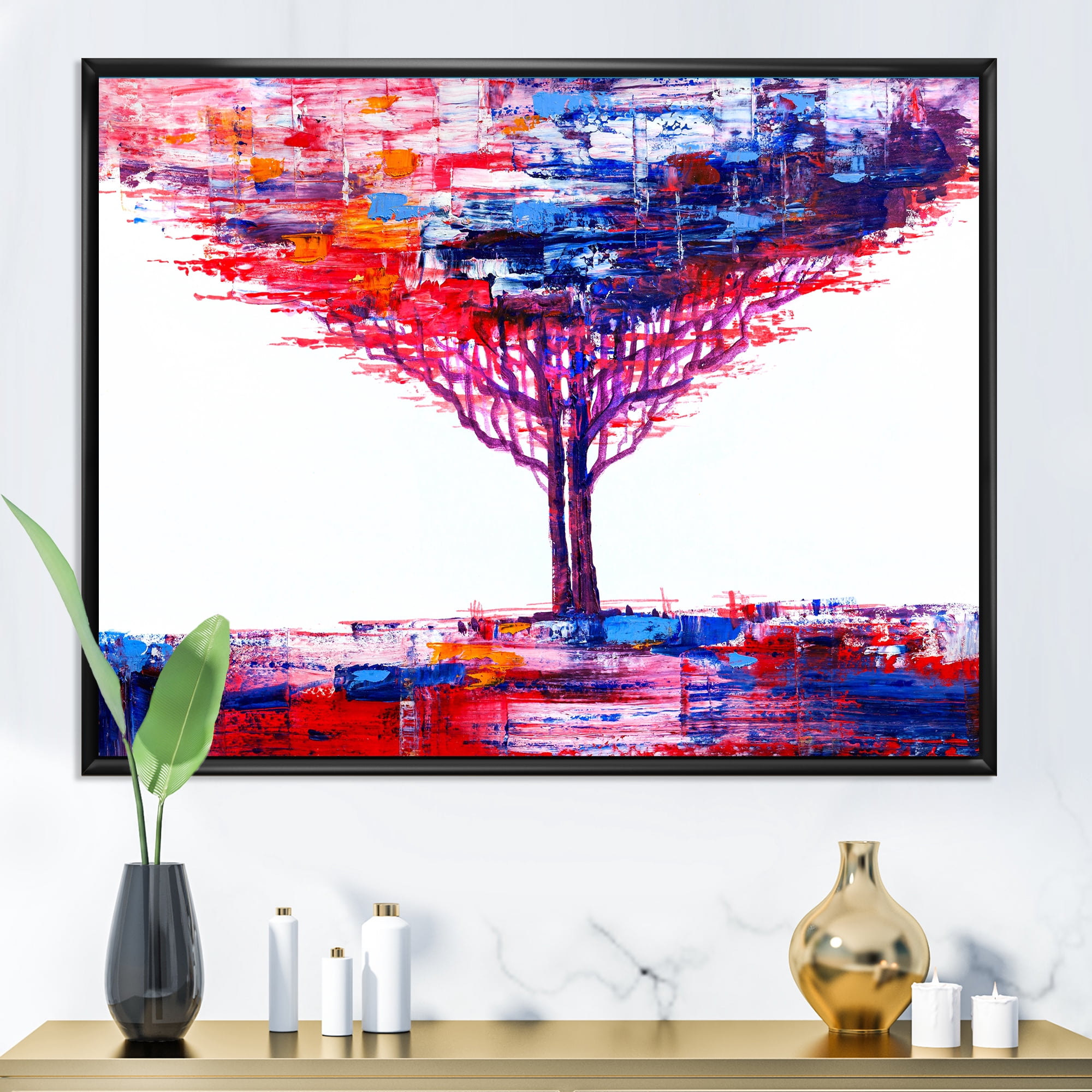 Designart 'Abstract Colorful Tree Impressionist On A White' Modern Framed Canvas Wall Art Print