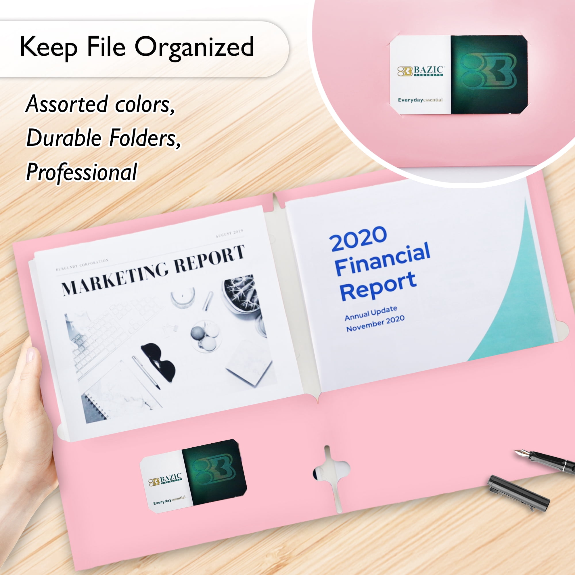 BAZIC 2 Pockets Paper File Folder, Laminated Glossy 3 Hole Portfolio, Assorted Pastel Colors Letter Size, 48-Pack