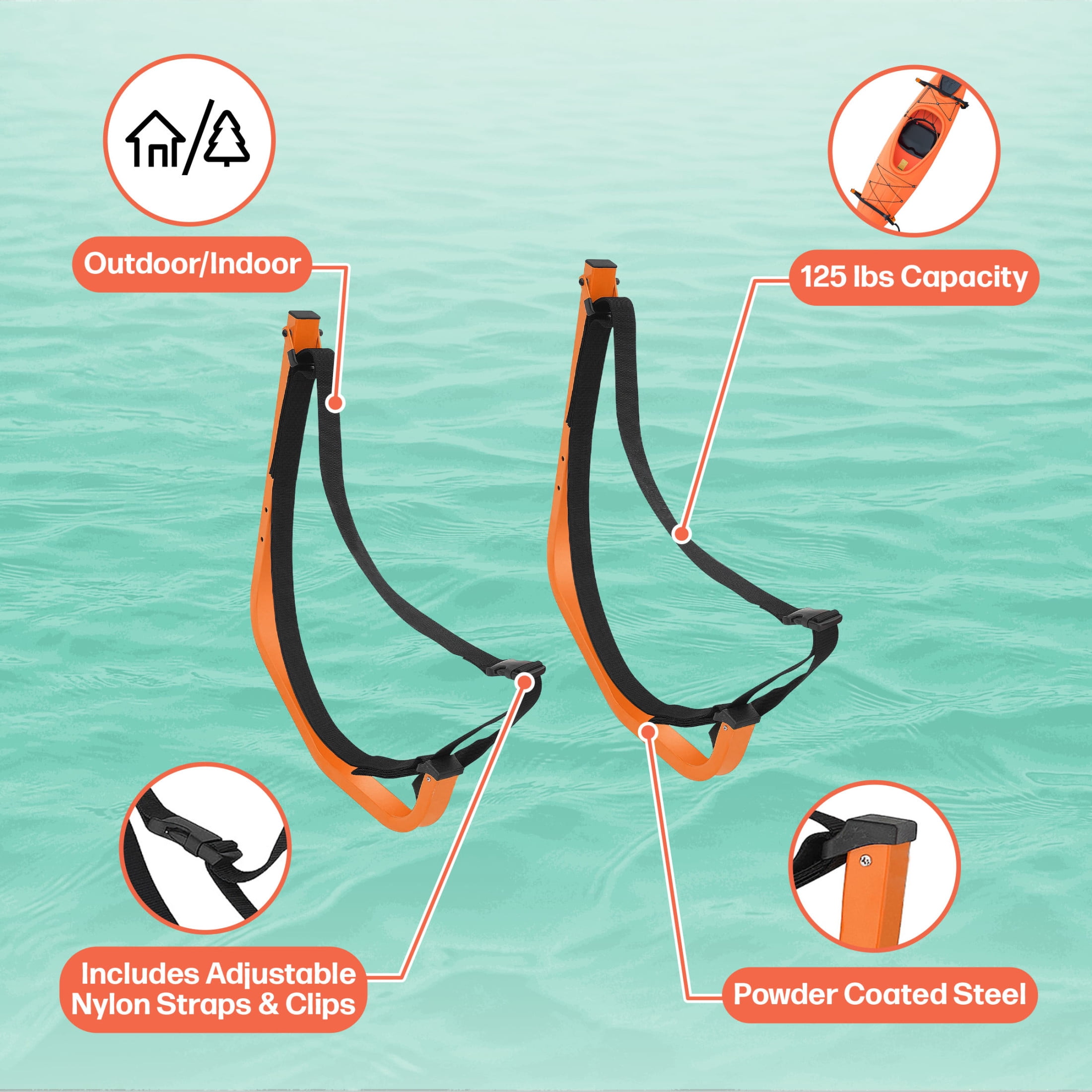Rad Sportz Set of 2 Wall Mounted Kayak Hangers with 125lb Capacity (Orange)