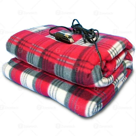Zone Tech Car Heated Travel Blanket – Plaid 12V Automotive Comfortable Heating Car Seat Blanket Great for