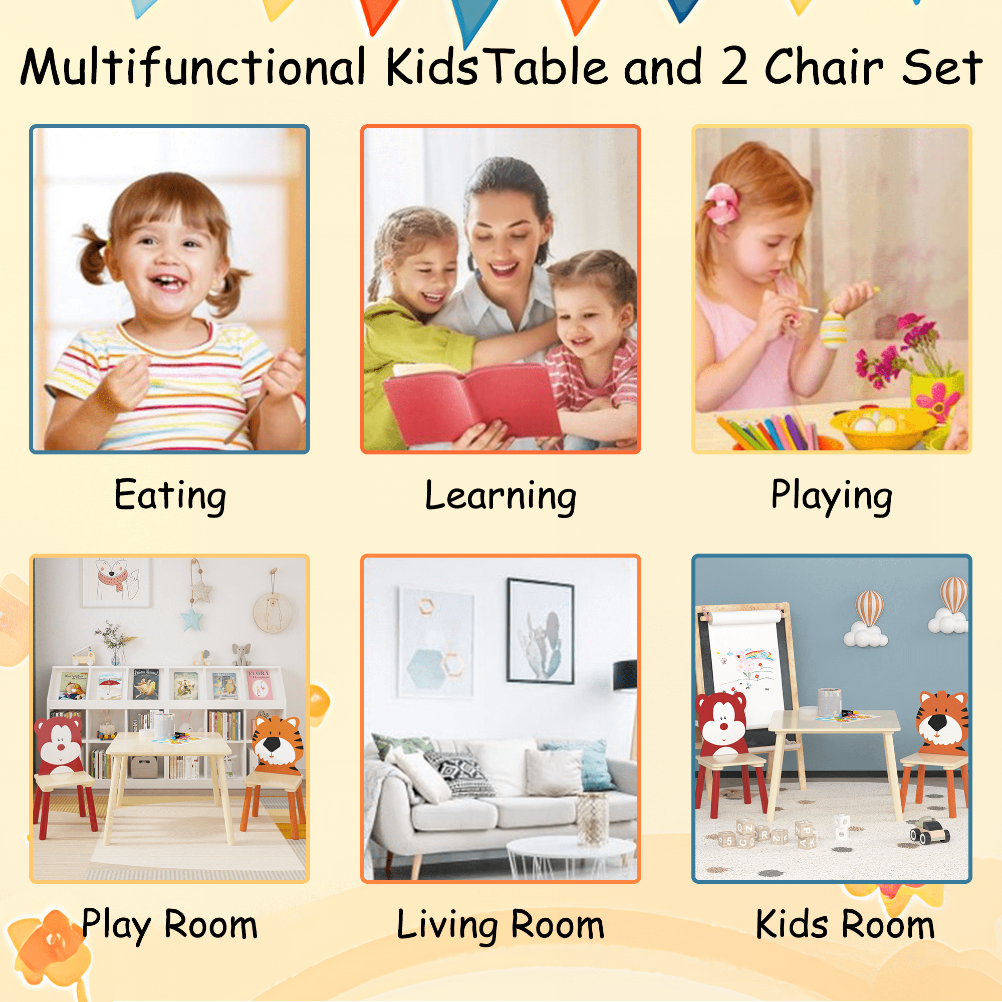 Kids Table and 2 Chairs Set with Animal Design, Wooden Toddler Activity Play Table and Chair Set for Playroom, Bear and Tiger Theme, Natural